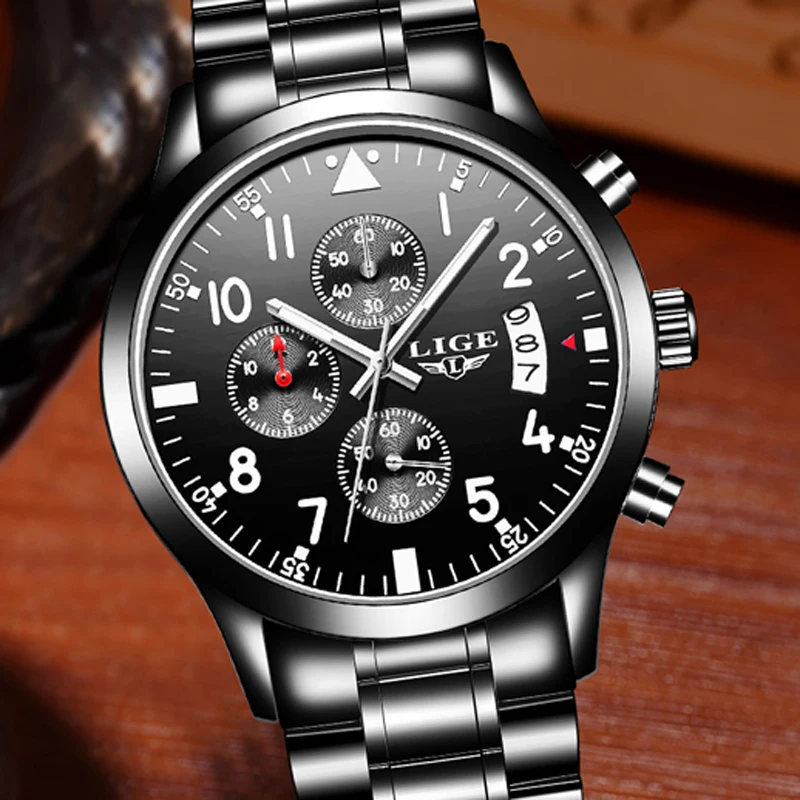 

LIGE Mens Watches Top Brand Luxury Fashion Business Quartz Watch Men Sport Full Steel Waterproof Black Clock Relogio Masculino