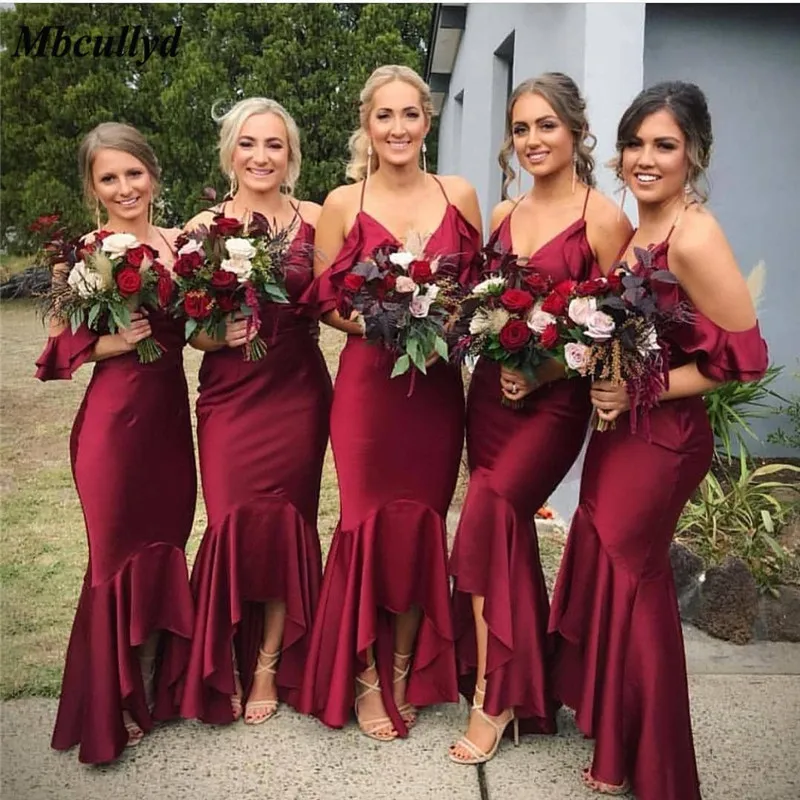 

Mbcullyd Mermaid Bridesmaid Dresses 2019 Sexy Halter Neck Formal Dress for Wedding Party Burgundy Satin Wedding Guest Dress