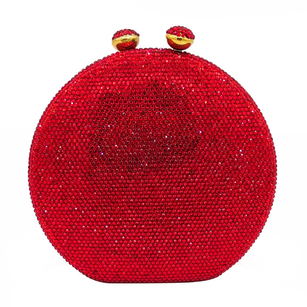 Double Flower Kiss Clasp Round Circular Women Purple Crystal Clutch Evening Handbags Hard Case Wedding Cocktail Diamond Bag