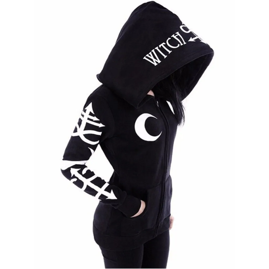 

Womail Hooded Sweatshirts Loose Gothic Punk Hoodie coat Women printed Long Sleeve Black Jacket Coat With Pocket F716