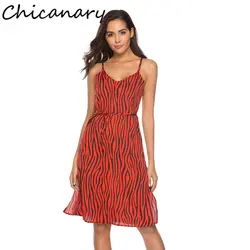 Chicanary Animal полосатый Платья на бретельках с поясом женский Боковой разрез спагетти ремень цельный