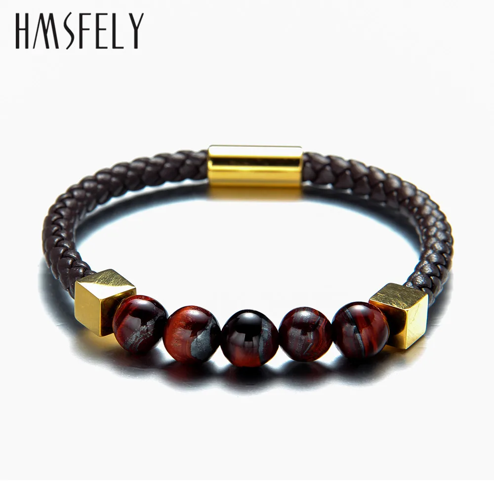 HMSFELY Fashion Men Real Leather Rope Stone Beaded Black Brown Bracelets Stainless Steel Gold Beads Magnetic Bracelet For Men