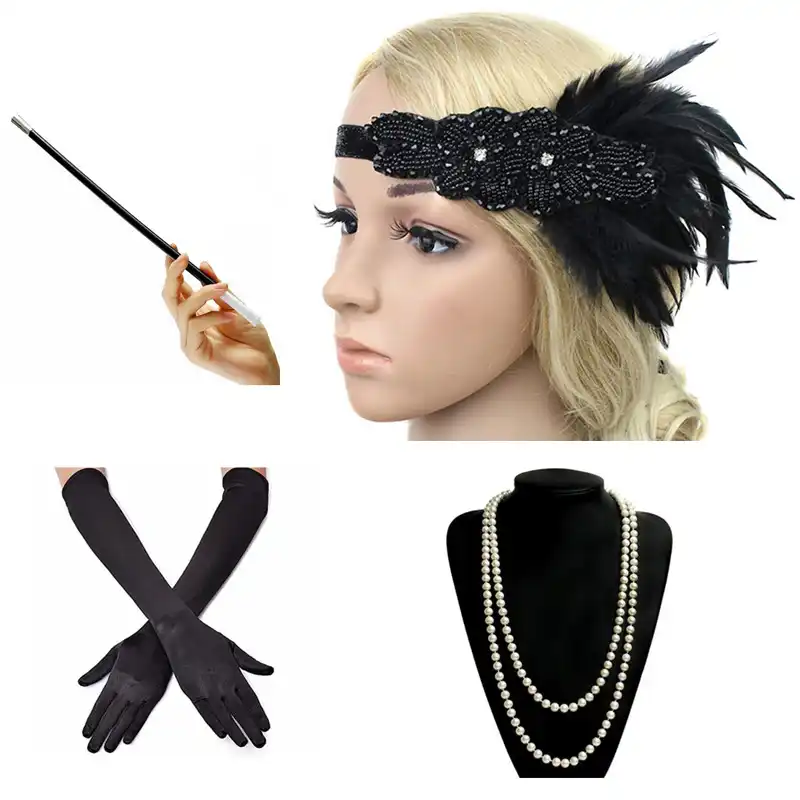 BOER 20er Jahre Accessoires Flapper Gatsby Kostüm Zubehör Set Vintage Stirnband Ohrringe Halskette Handschuhe Zigarettenspitze Flapper Set für Party Dance Style D BOER 20er Jahre Accessoires Flapper Gatsby Kostüm Zubehör Set Vintage Stirnband Ohrringe Halskette Handschuhe Zigarettenspitze Flapper Set für Party Dance Style D