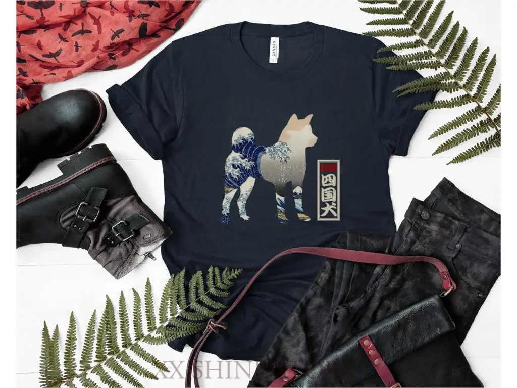 

Ukiyoe Shikoku Ken T-Shirt; Hokusai Great Wave; Shikoku Inu Silhouette; Japanese Mt Fuji; Unisex Mens Womens; Cool Dog Gift