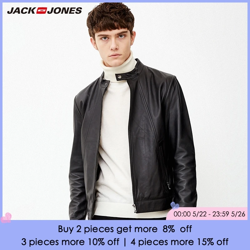 

Jack Jones Brand NEW fashion smart casual stand collar splice design zipper side pocket straight leather jacket men| 218110504