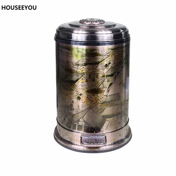 

Luxury Trash Bin with Ching Ming River Map Stainless Waste Bin with Plastic Bucket in it Closed Anti-odor Trash Can Kitchen