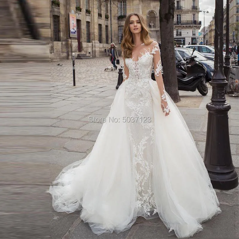 

Mermaid Wedding Dresses Long Sleeves Scoop Lace Appliques Button Illusion Vestidos De Noiva Court Train Bridal Gown Plus Size