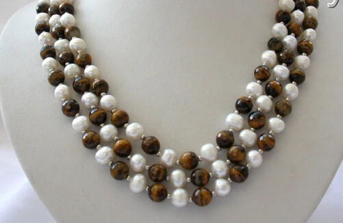 

Jewelr 005235 stunning 3rows 8mm round white pearl Yellow Tiger's Eye tigereye necklace