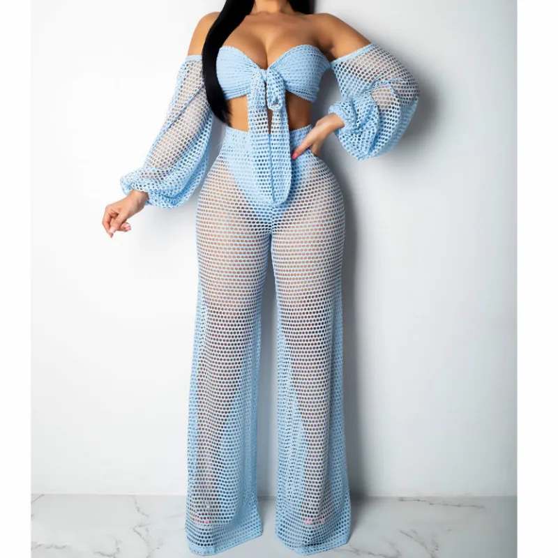 

Summer Women Mesh Bikini Cover Suits Swimwear Bathing Suit One Slash Crop Top+ Long Pants Sexy Club Style
