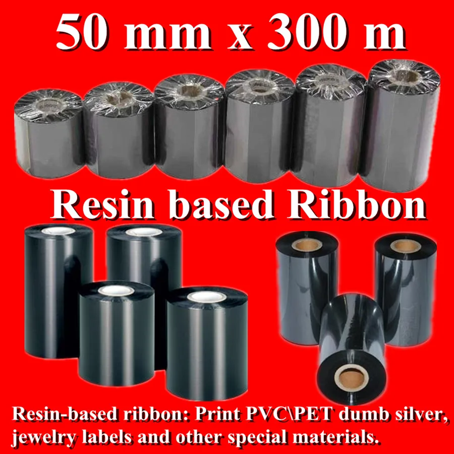 

DRVXIN Resin-based ribbon Width 50 mm-50 X 300m black Thermal Transfer Label Tapes ribbon For PVC\PET Barcode label printerZT220