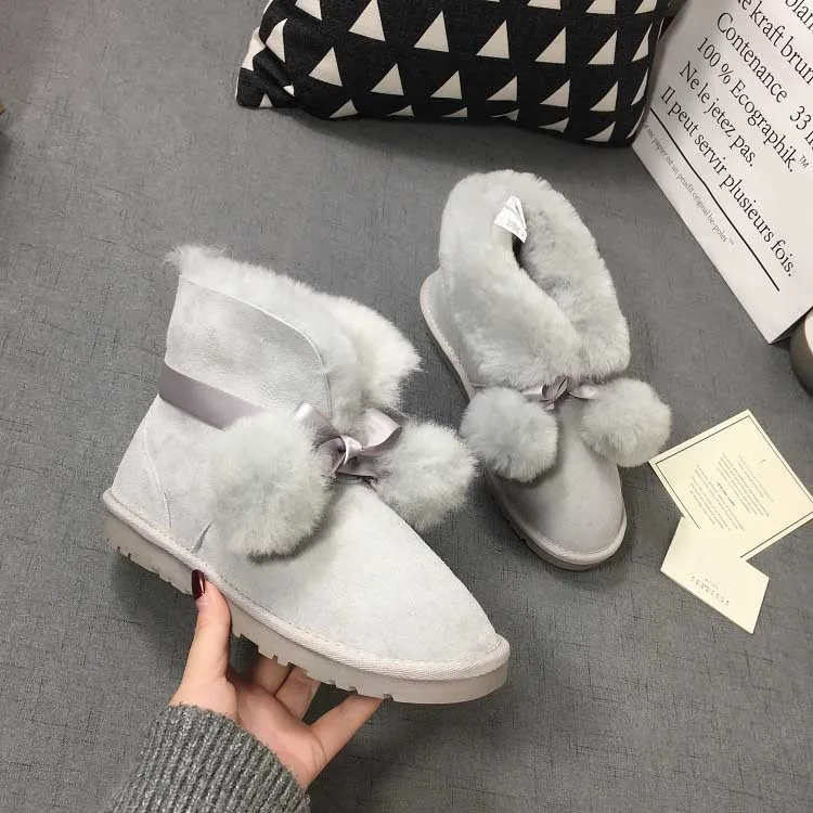 

SWYVIY Natural Wool Fur Snow Boots Woman Flats Fur Ball Bow 2018 Winter Warm Female Short Boots Genuine Leather Snow Shoes Fur