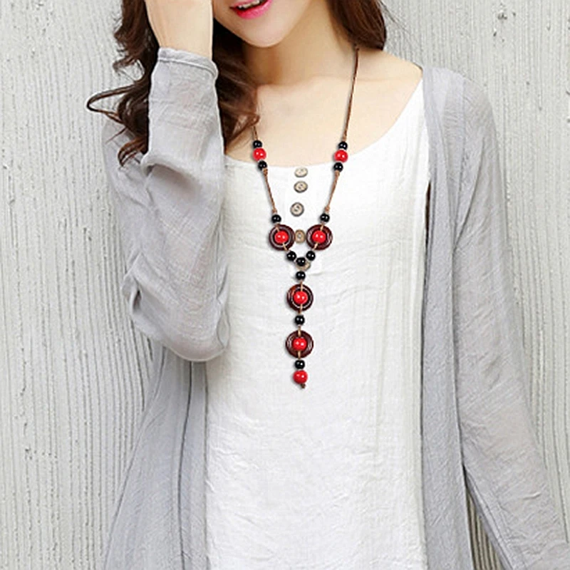 

Retro lady sweater accessories, long ceramic vintage wood necklace wholesale