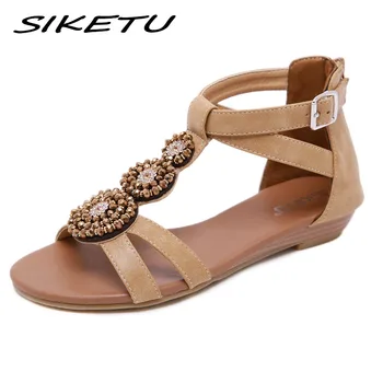 

SIKETU 2019 Women Wedge Retro Boho Bohemia Sandals Shoes Woman Casual Peep Toe Ethnic Crystal String Bead Buckle Sandals 35-42