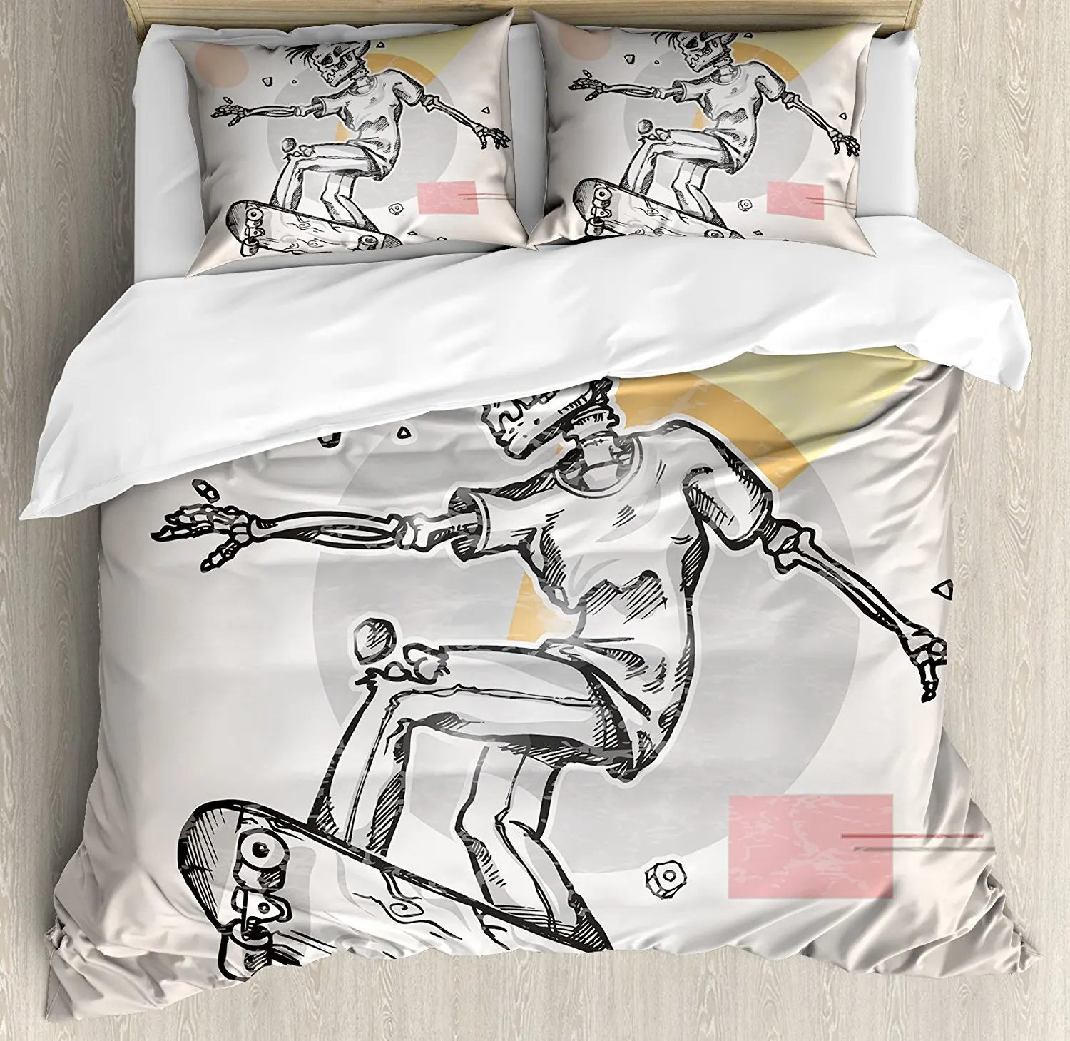 

Skull Decor Duvet Cover Set Punk Rocker Skeleton Boy on a Skateboard Skiing with Abstract Background 4 Piece Bedding Set