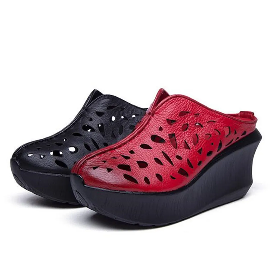 

2019 Summer Personality Breathable Hollow Genuine Leather Slipper Summer Sandals Platform Wedge High Heels Women Sandal Shoes
