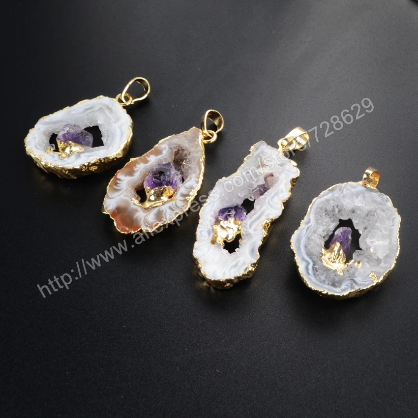 

Gold Plated Natural Color Freeform Natural Onyx Druzy Drusy Agate Slice Pendant Inlay Natural Amethyst WX007