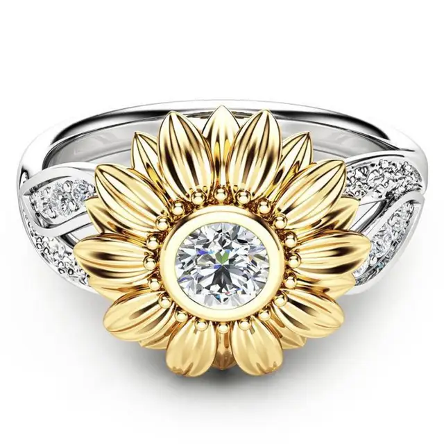 New Exquisite Women's Two Tone Silver Floral Ring Round Gold Sunflower Jewelry A New Exquisite Women's Two Tone Silver Floral Ring Round Gold Sunflower Jewelry A