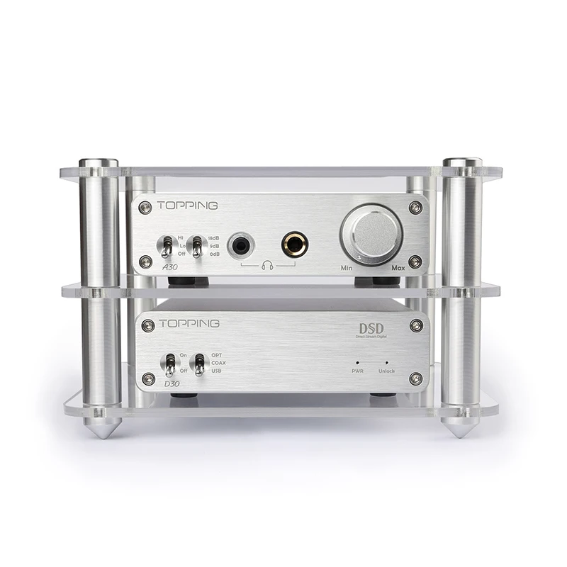 

TOPPING A30+D30 Headphone Power Amplifier+Decoder Set Support DAC USB DAC/Optical Fiber/Coaxial Decoding XMOS+TPA6120 Silver New