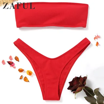 

ZAFUL Ribbed High Cut Bandeau Bikini Set Wire Free Strapless Lace Up Pullover Solid Classic Swim Suit Women Summer Bathing Suit