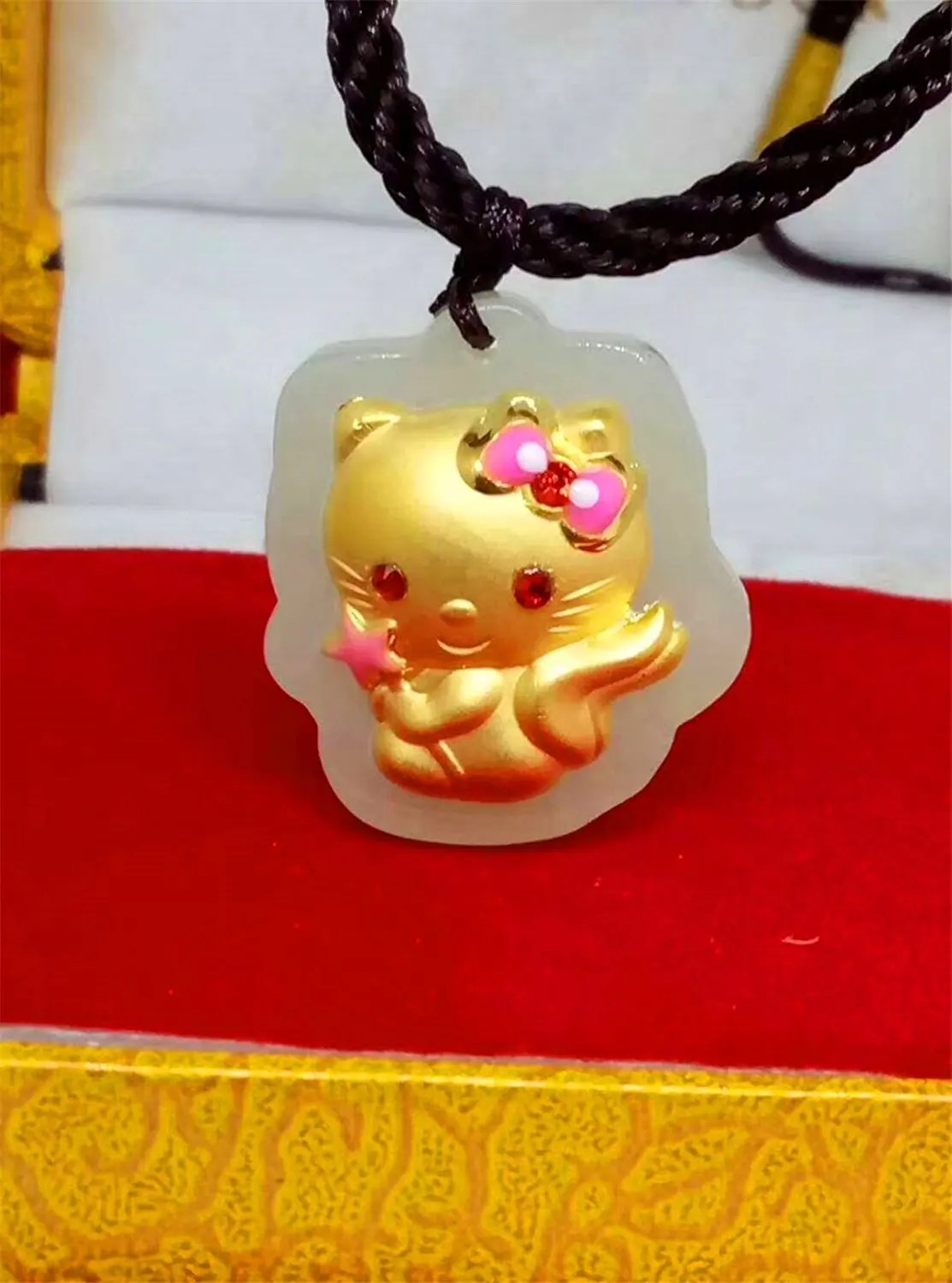 Koraba Fine Jewelry 24K Gold Inlaid Natural Wada Jade Cat Pendant