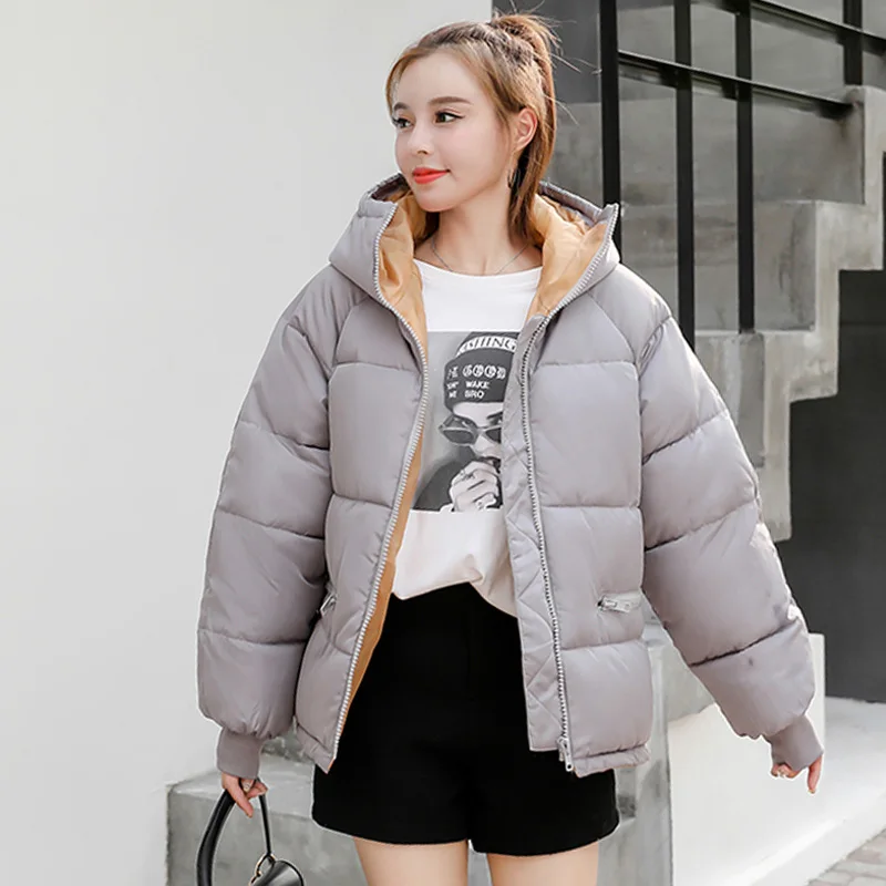 Корейский стиль, новинка, зимняя женская куртка с капюшоном, с хлопковой подкладкой, Женское зимнее пальто, верхняя одежда, модная короткая теплая парка - Цвет: Gray