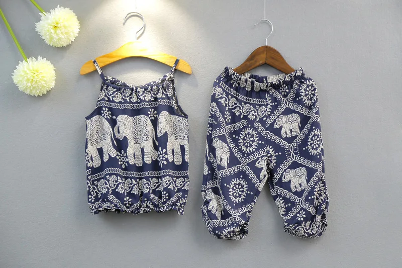 Baby Kids Girls 2017 New Summer Elephant Floral Sleeveless Vest Tops Long Pants Infant Outfits 2PCS 2-7T cute clothing sets	