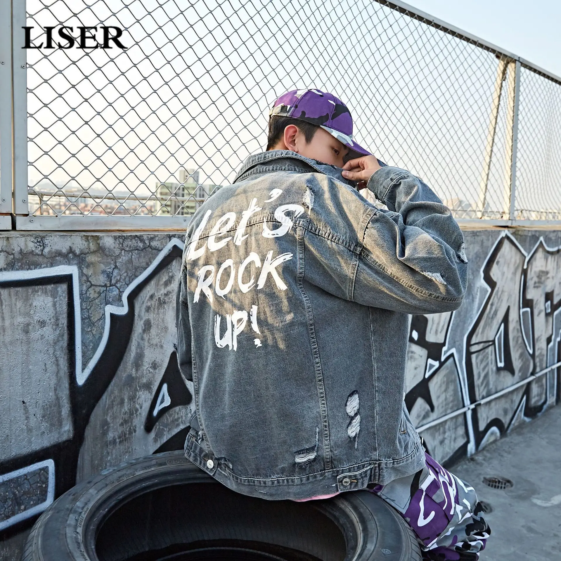 

LISER Denim Jacket Mens Letter Print Hip Hop Jeans Jacket 2019 Oversized Jacket Streetwear Harajuku Jackets