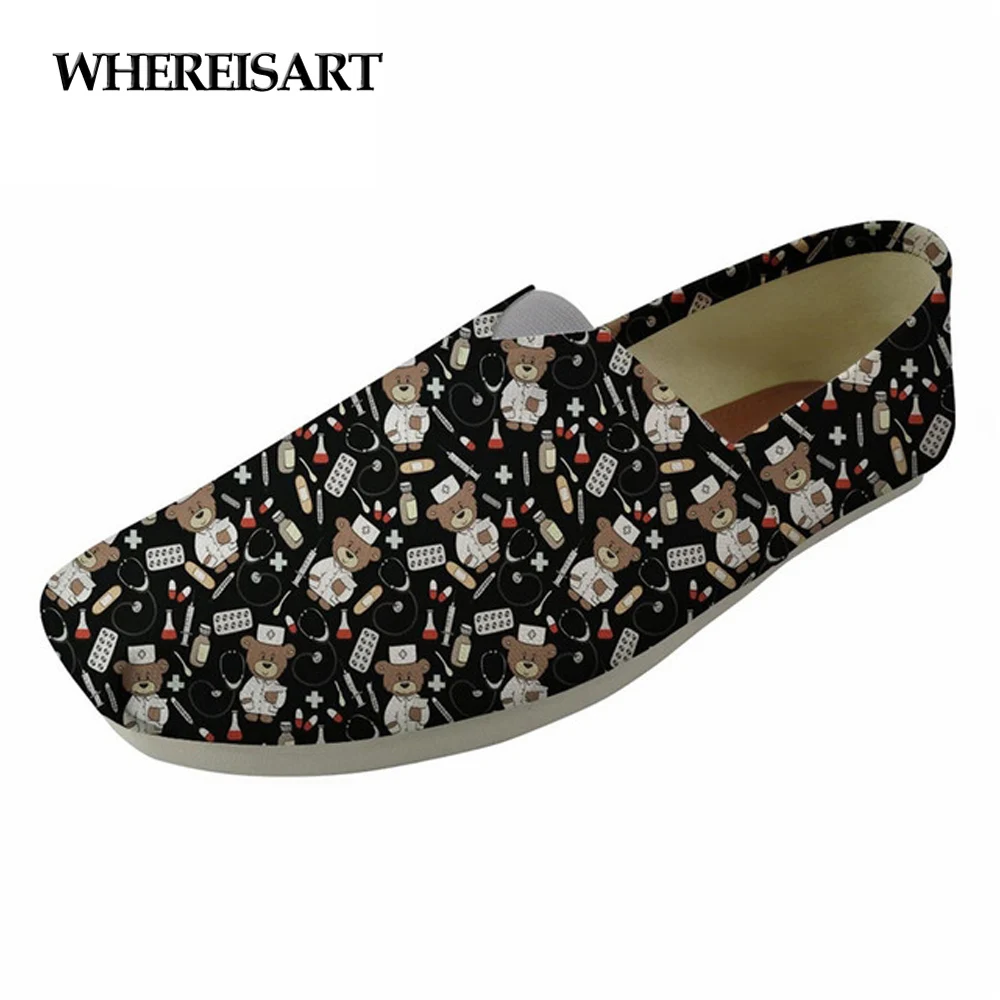 

WHEREISART HOT SALE Cute Nurse Bear Pattern Black Women's Flats Shoes Ladies Casual Loafers Shoes Woman Canvas Lazy Shoes Mujer