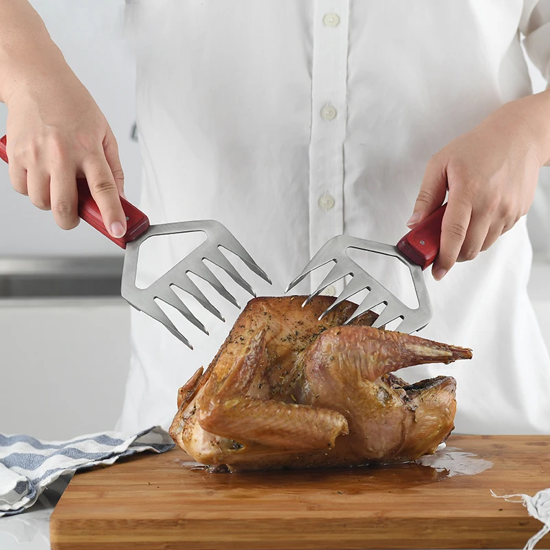 Stainless Steel Metal Meat Claws With Wooden Handle Sharp Barbecue
