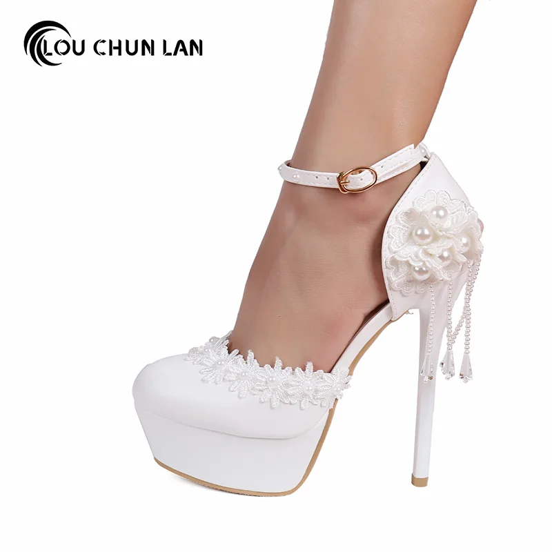 

LOUCHUNLAN Women Pumps Shoes wedding shoes Beautiful white flower Shoes Chain bride shoes high heel waterproof table