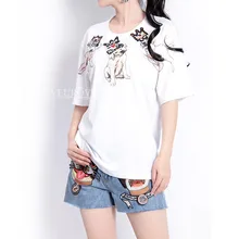 Новое поступление, летняя Женская Ручная работа, вышивка бисером, корона, ручная краска, Рисунок собаки из мультфильма, хлопок, свободная белая футболка, футболка для щенка