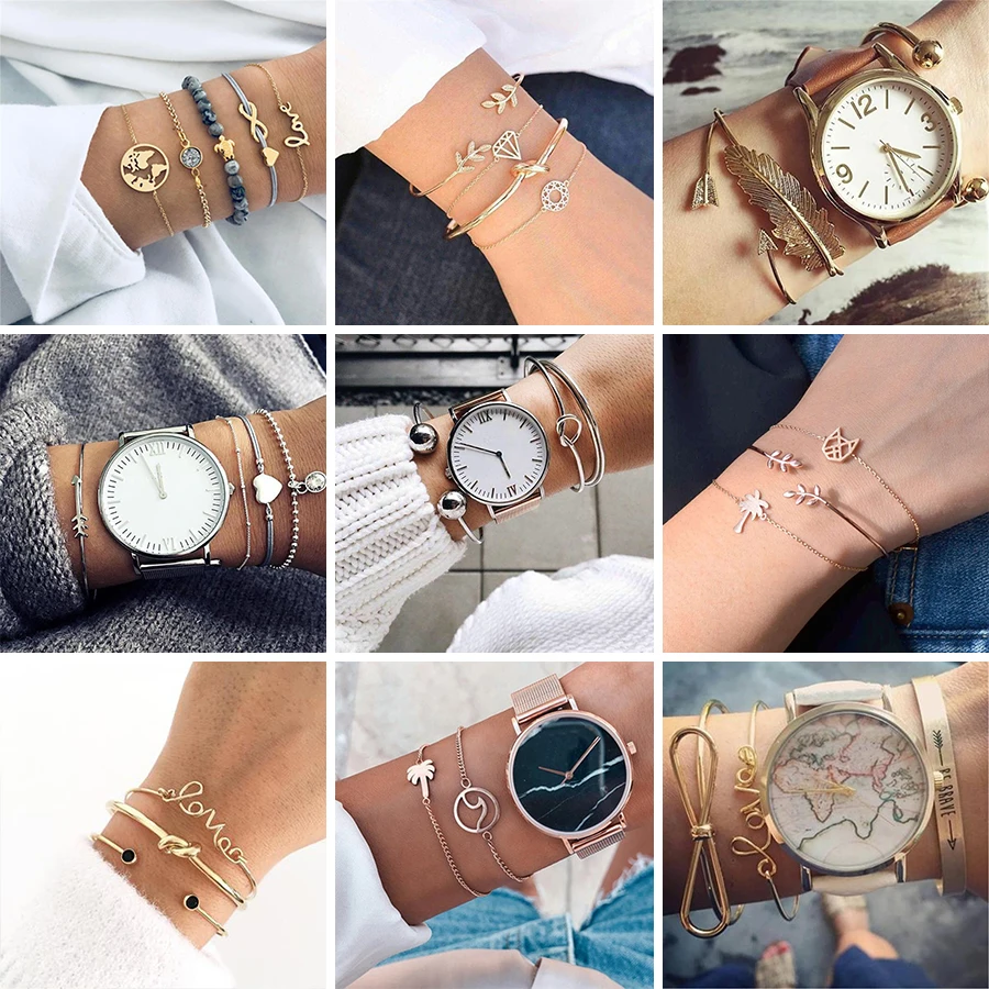 

HuaTang Bohemian Layered Map Crown Arrow Bracelets Geometirc Gold Leaves Bangle Set Alloy Chain Bangles Bracelet Jewelry