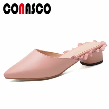 

CONASCO New Arrival Women Slingbacks Pumps Genuine Leather Spring Autumn High Heels Shoes Woman Ruffles Sweet Casual Mules Pumps