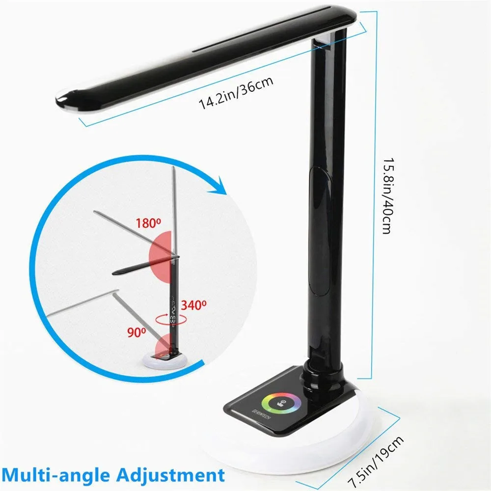  10W LED Desk Lamp Dimmable Office Study Table Ligh with ClockUSB ChargingColor Changing BaseTouch C - 32921688334