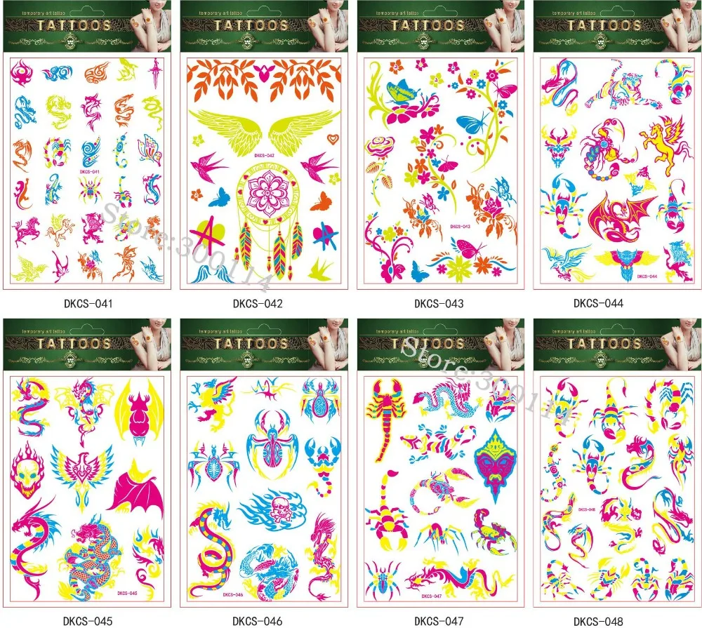 Louco do Partido Atacado Luminosa Fluorescente Luz Férias Tatuagem Temporária Harajuku Boate Fluorescência Tatuajes Corpo 500 Pcs 14 High Quality Beleza e saúde