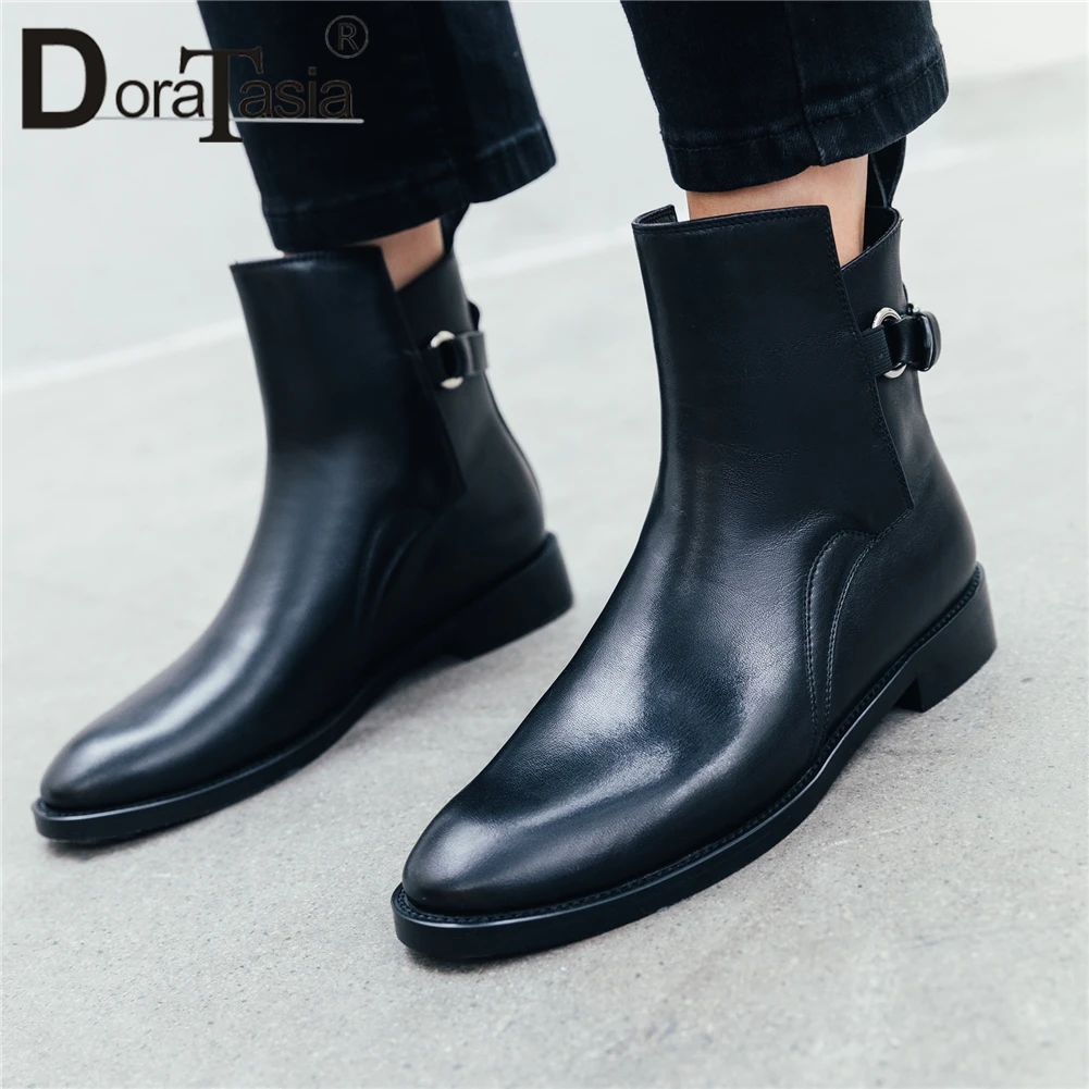 

DORATASIA Genuine Cow Leather Chunky Heels Summer Boots Woman Shoes Buckle New Fashion Black Shoes Woman Boots Women