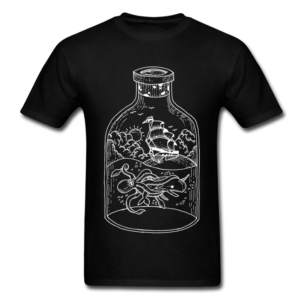 

Ocean Monster Fight Men Cool T Shirt White Bottle Ship Big Octopus & Whale Print Male Cotton T-shirt Cartoon Drawing