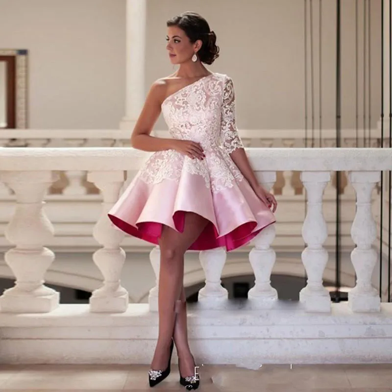 New Design 2016 Short Cocktail Dress One Shoulder Pink Lace Satin Prom