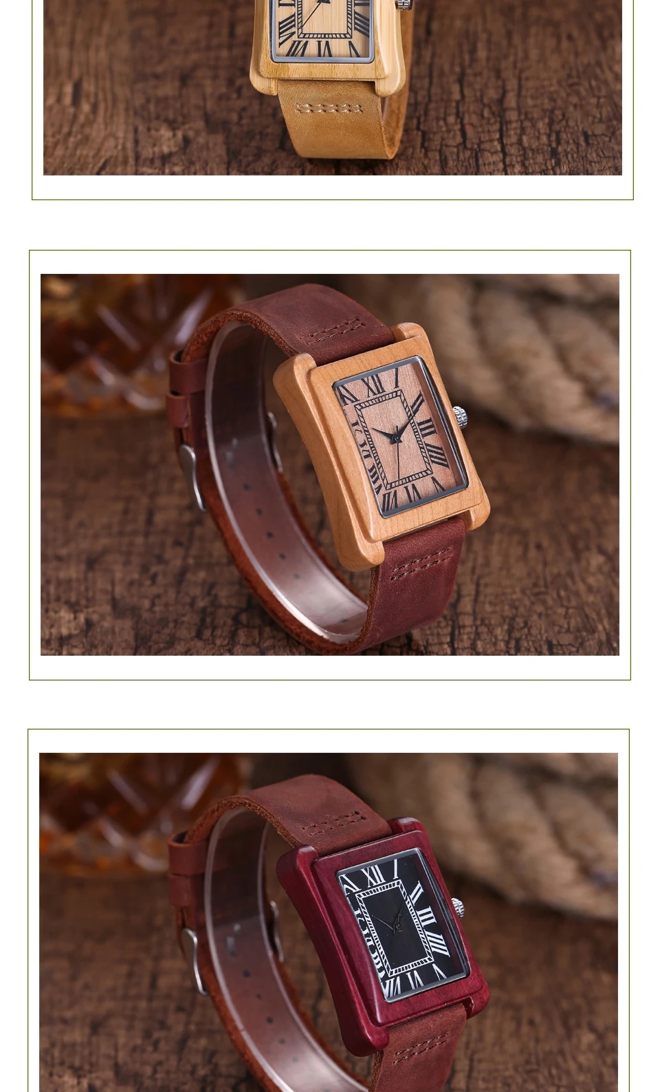 Минималистичные креативные деревянные часы Современные мужские прямоугольные римские циферблат бамбуковая кожа Ремешок из натурального дерева кварцевые наручные часы подарки