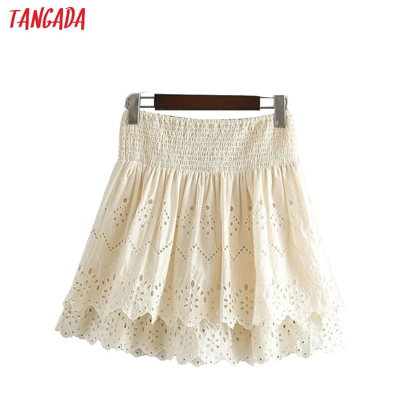 

Tangada women ruffles embroidery skirts stretch waist boho style ladies hollow out mini skirts faldas mujer CE99