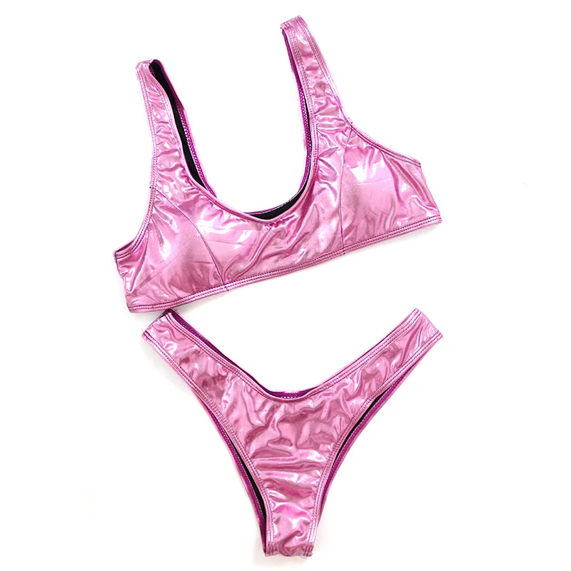 Sexy Shiny Pink/Gold/Silver Metallic Leather Scoop Neck Biquini Bathing Suit Swimsuit Plus Size Swimwear Women Brazilian Bikini Sexy Shiny Pink/Gold/Silver Metallic Leather Scoop Neck Biquini Bathing Suit Swimsuit Plus Size Swimwear Women Brazilian Bikini