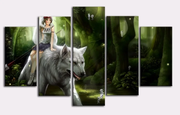 5-Panel-Cartoon-Princess-Mononoke-Riding-The-White-Wolf-Modern-Home-Wall-Decor-Canvas-Picture-Art