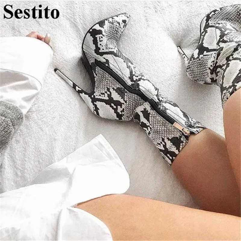 

European New Pointed Toe Snake Pattern Woman Boots Mid-Calf Boots Women Super High Thin Heels Zip Short Boots Sexy Women Shoes