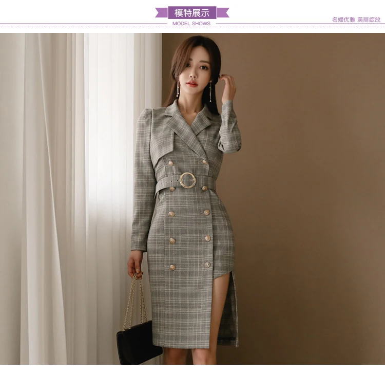 Осеннее корейское формальное платье-футляр для работы, женское клетчатое облегающее офисное двубортное платье с длинным рукавом и зубчатым воротником