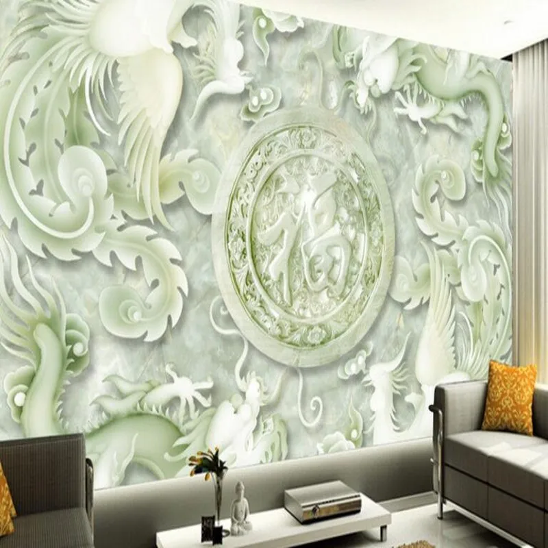 

wellyu Customized large-scale murals jade carving dragon word Fu word 3D three-dimensional dragon and phoenix wall wallpaper