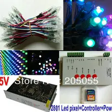 100 шт. 12 мм WS2801 rgb полный Цвет светодиодный пиксель Водонепроницаемый адресно-led узел точечную 5 В+ SD Карты Контроллера(T-1000S)+ адаптер