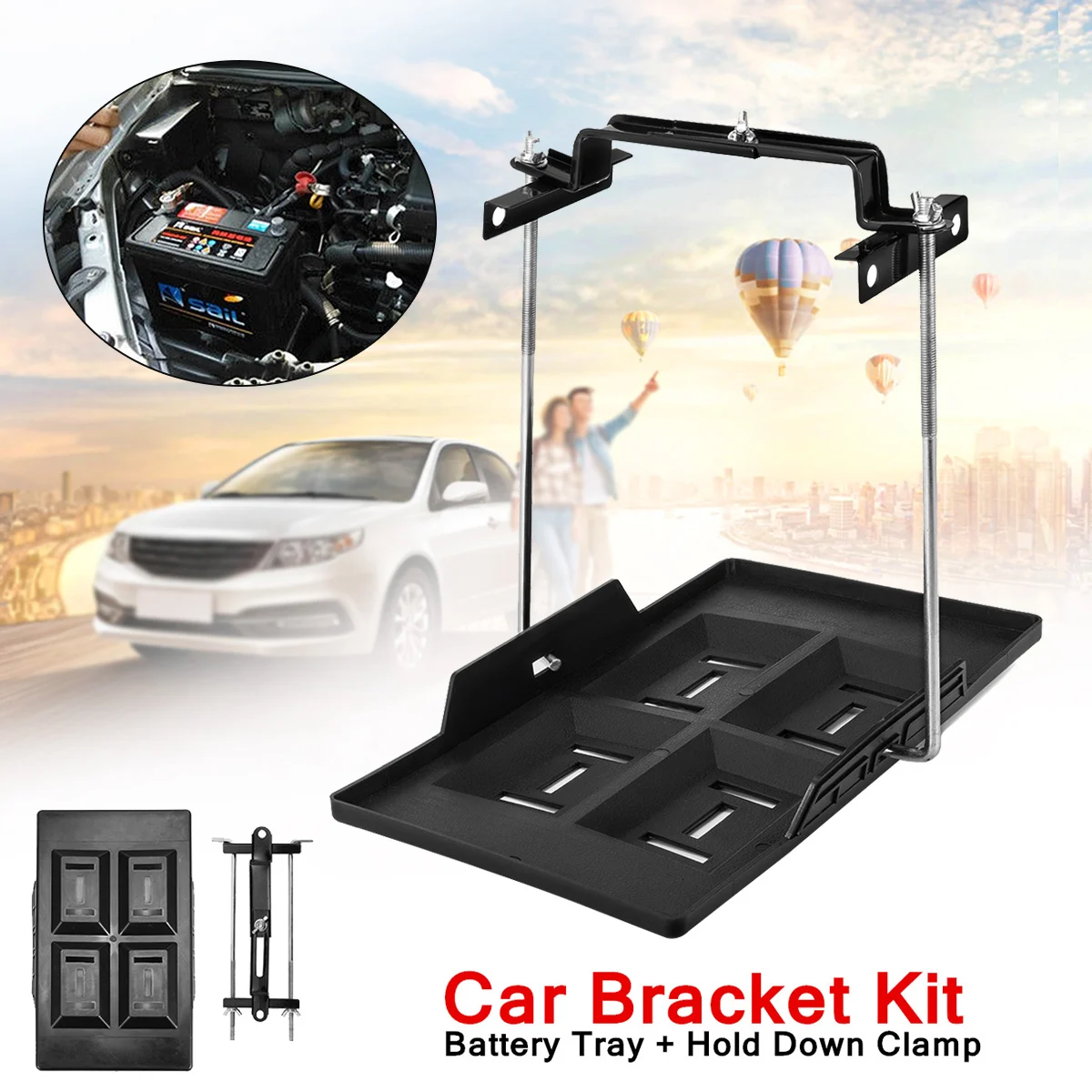 

35.5x20cm Metal Car Battery Tray Adjustable Hold Down Clamp Bracket Kit Cycle Universal Recessed Slots Design Metal Construction