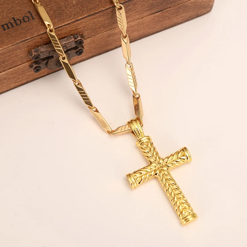 MEN'S Women cross 18 k Solid gold GF charms lines pendant necklace fashion christian jewelry