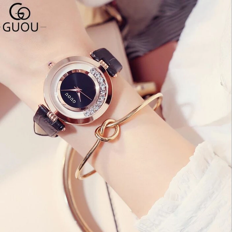GUOU Watch Luxury Glitter Diamond Rhinestone Watch Women Watches Women's Fashion Exquisite Leather Clock saat relogio feminino
