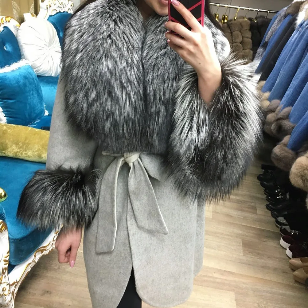 Hot Sale Cashmere Coat Women Sleeve Collar Natural Real Fox Fur Loose Genuine Leather Jacket Women Overcoat Real Fur Coat